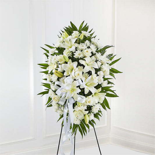 Exquisite Tribute Standing Spray-White Ribbon – Loose Leaf Florist, Austin TX