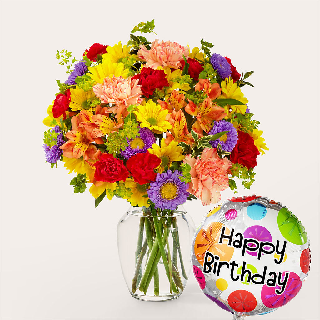 Kaleidoscope Bouquet with Birthday Balloon –  Loose Leaf Florist, Austin TX