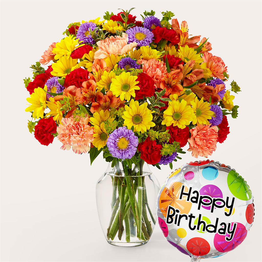 Kaleidoscope Bouquet with Birthday Balloon –  Loose Leaf Florist, Austin TX