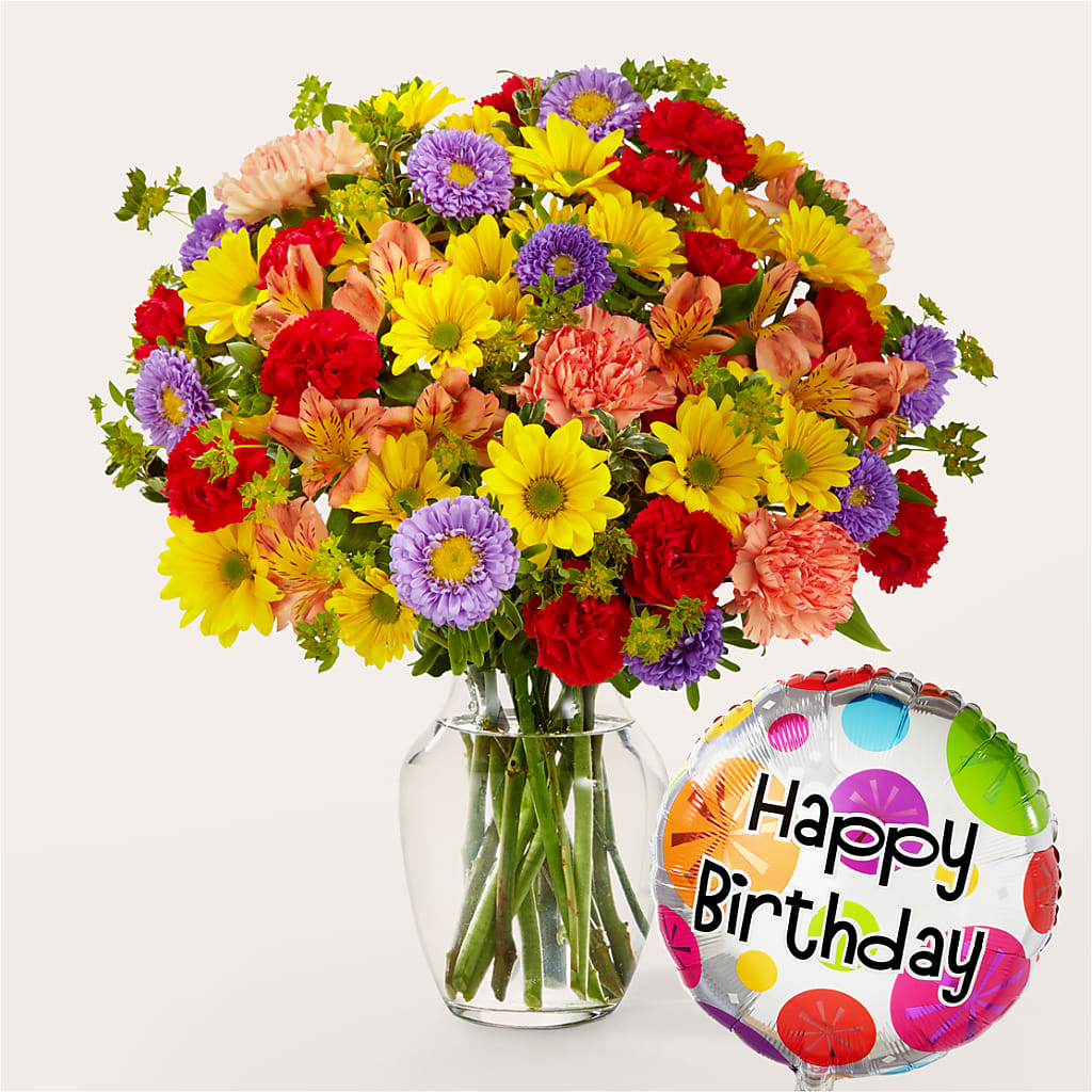 Kaleidoscope Bouquet with Birthday Balloon –  Loose Leaf Florist, Austin TX