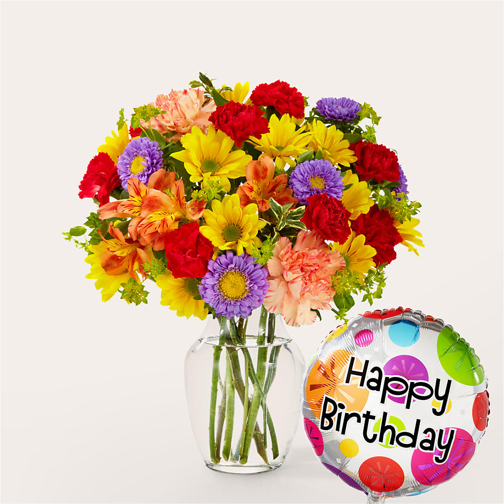 Kaleidoscope Bouquet with Birthday Balloon –  Loose Leaf Florist, Austin TX