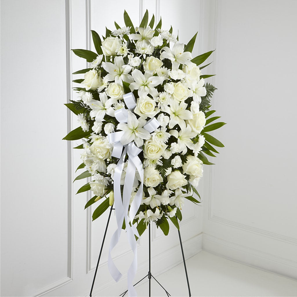Exquisite Tribute Standing Spray-White Ribbon –  Loose Leaf Florist, Austin TX