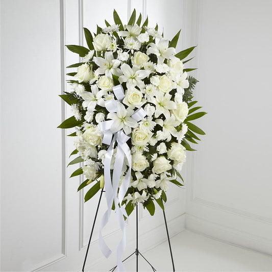 Exquisite Tribute Standing Spray-White Ribbon –  Loose Leaf Florist, Austin TX