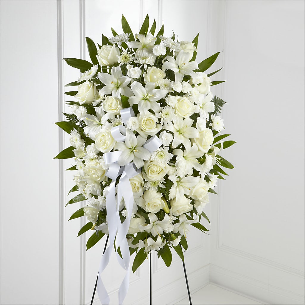 Exquisite Tribute Standing Spray-White Ribbon –  Loose Leaf Florist, Austin TX