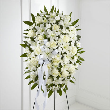 Exquisite Tribute Standing Spray-White Ribbon –  Loose Leaf Florist, Austin TX
