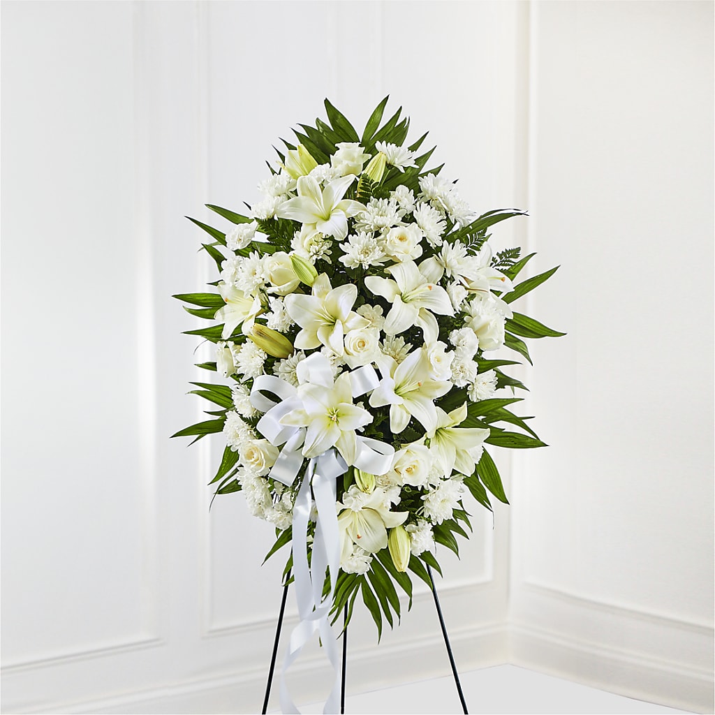 Exquisite Tribute Standing Spray-White Ribbon –  Loose Leaf Florist, Austin TX