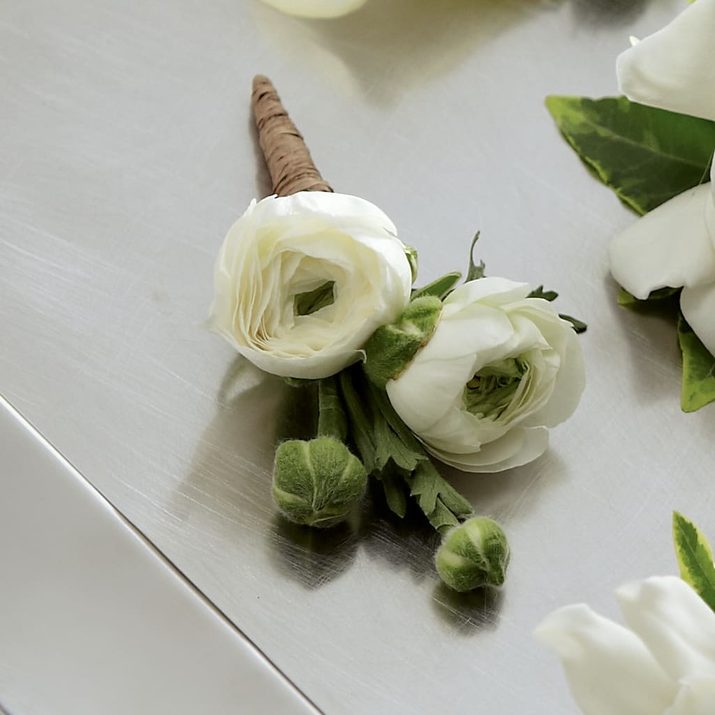 White Ranunculus Boutonniere –  Loose Leaf Florist, Austin TX