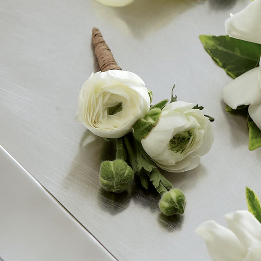 White Ranunculus Boutonniere –  Loose Leaf Florist, Austin TX